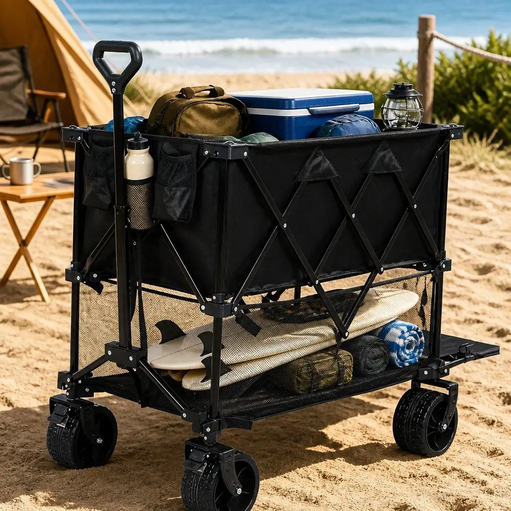 Folding Wagon Cart Double Shelves 400L Capacity All-Terrain Swivel Wheels Black 600D Oxford Fabric