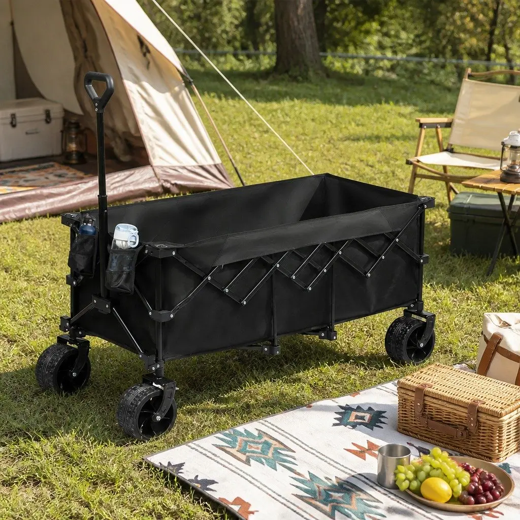 Folding Wagon Trolley Cart 3-Tier Outdoor Utility with 360° Swivel Wheels Adjustable Handle Black