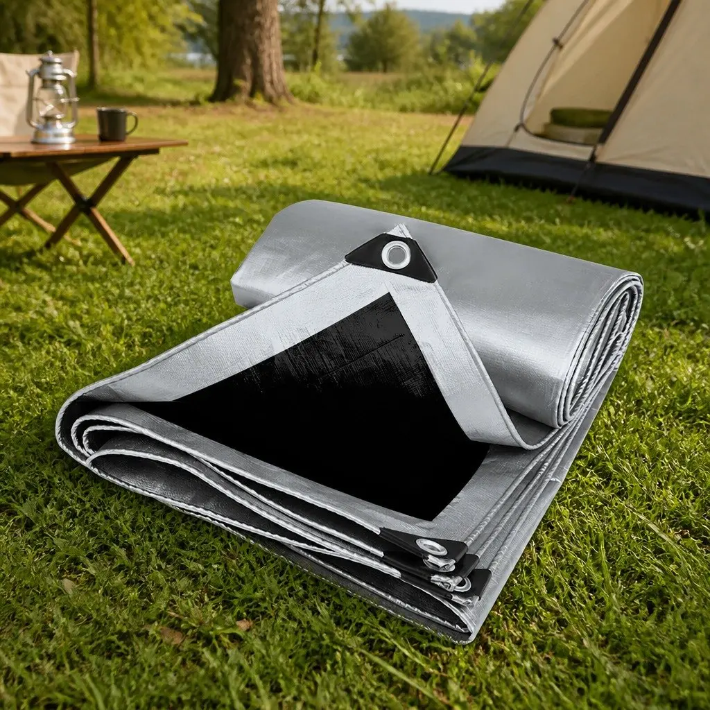 Heavy Duty Tarp 200GSM Waterproof Grey and Black Outdoor Camping Ground Sheet