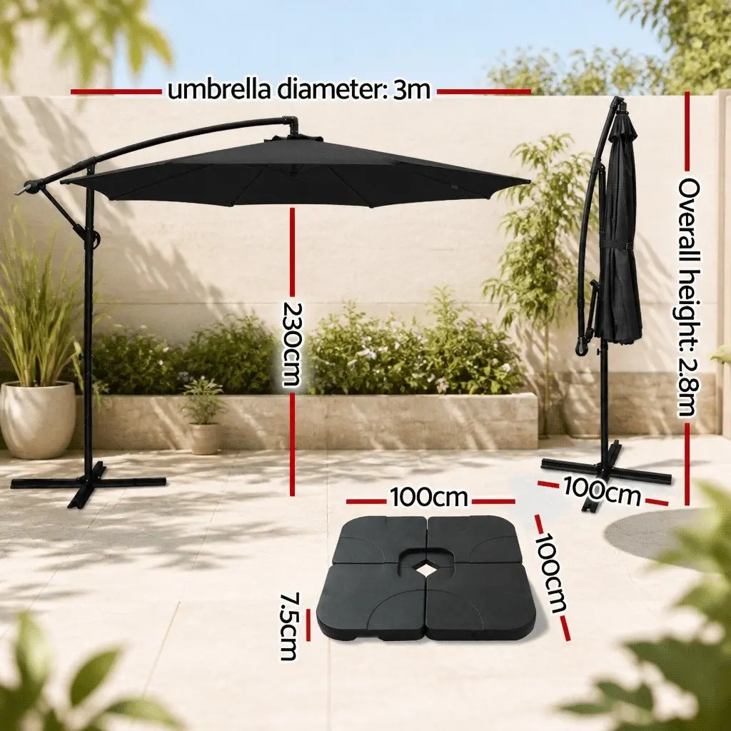 3m Cantilever Umbrella Octagonal Canopy UV50+ Protection Black Steel Frame Outdoor Patio Beach Garden