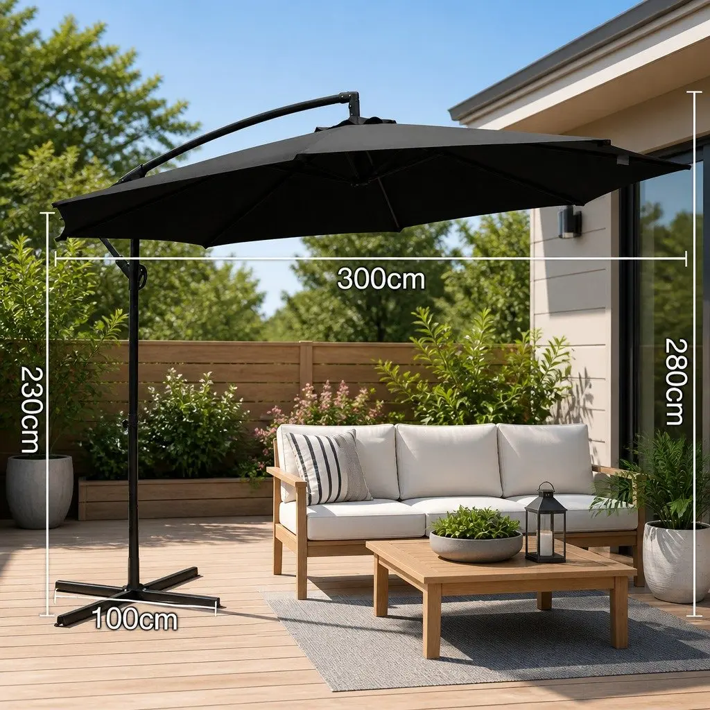 Outdoor Umbrella Side Post Octagonal 3m Black Polyester Canopy