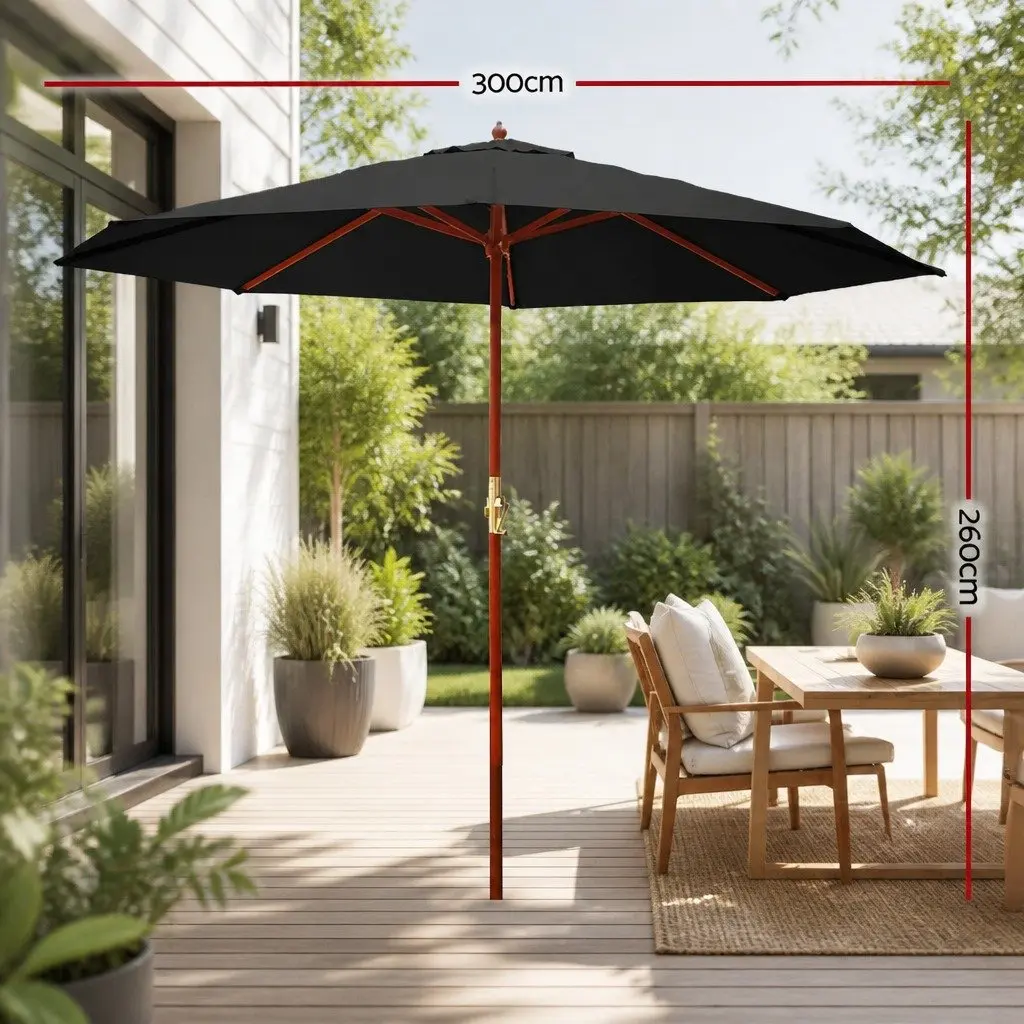 Outdoor Umbrella Centre Post Octagonal Canopy 3m Black Water-resistant Polyester