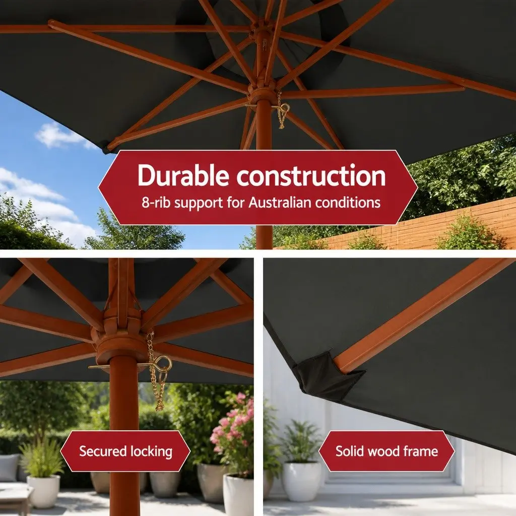 Outdoor Umbrella 3m Octagonal Canopy UV50+ Protection Wooden Frame Charcoal