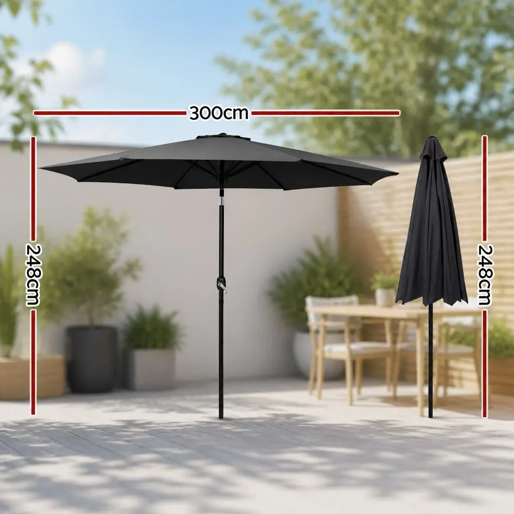 Outdoor Umbrella Octagon 3m Black UV50+ Water-Resistant Polyester Steel Frame