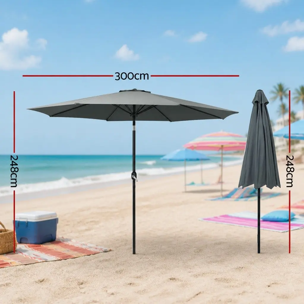 Outdoor Umbrella 3m Octagon Canopy Tilt Charcoal Polyester Garden Patio Beach Shade