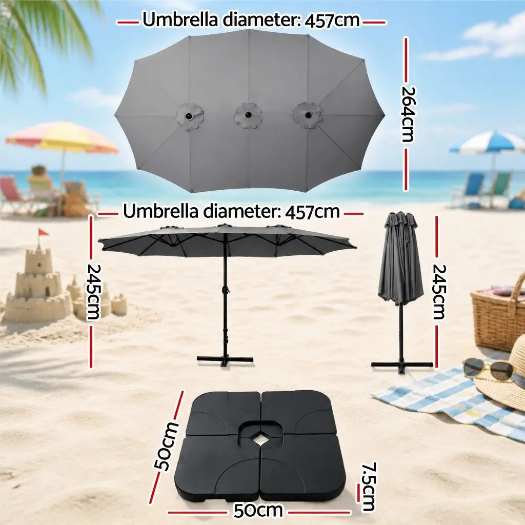 Outdoor Umbrella Double-Sided 4.57m Charcoal Patio Garden Sunshade with Sturdy Base Stand