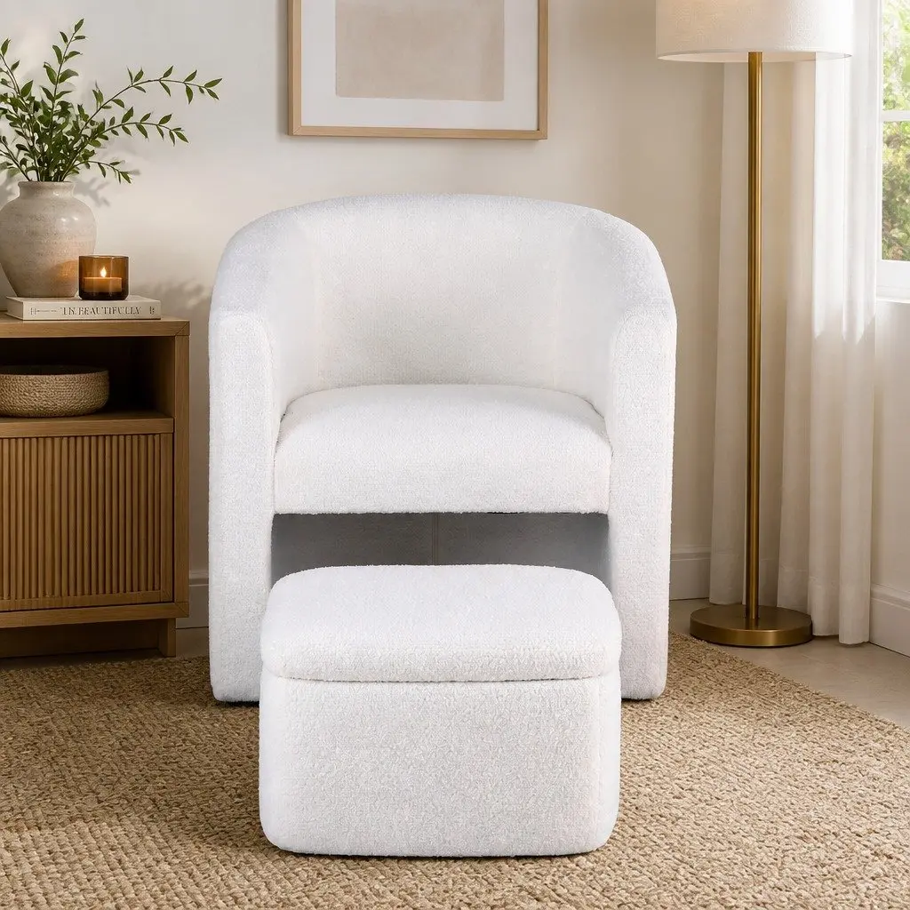 Armchair Accent Chair with Ottoman Storage Footrest Upholstered Sherpa Fleece White