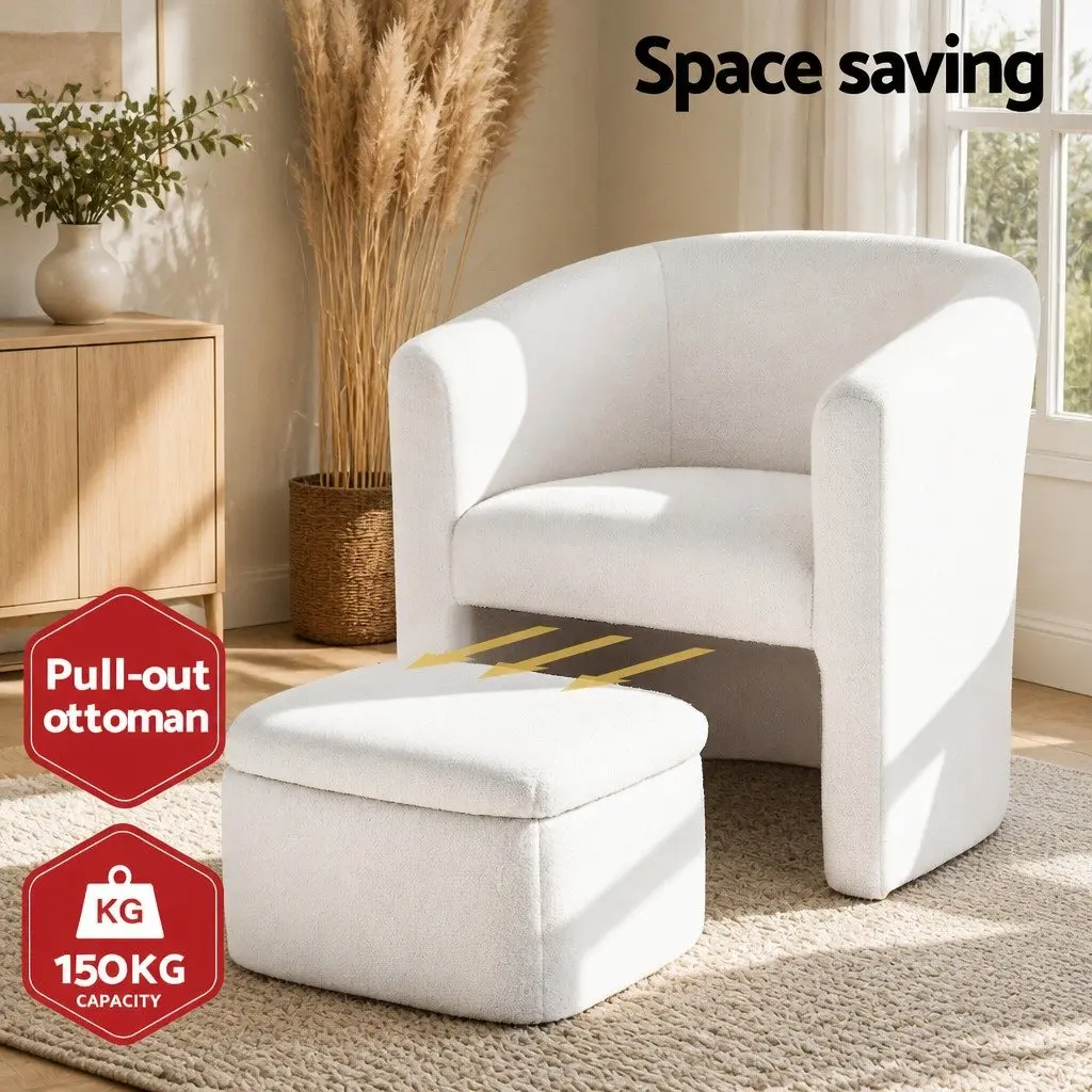 Armchair Accent Chair with Ottoman Storage Footrest Upholstered Sherpa Fleece White