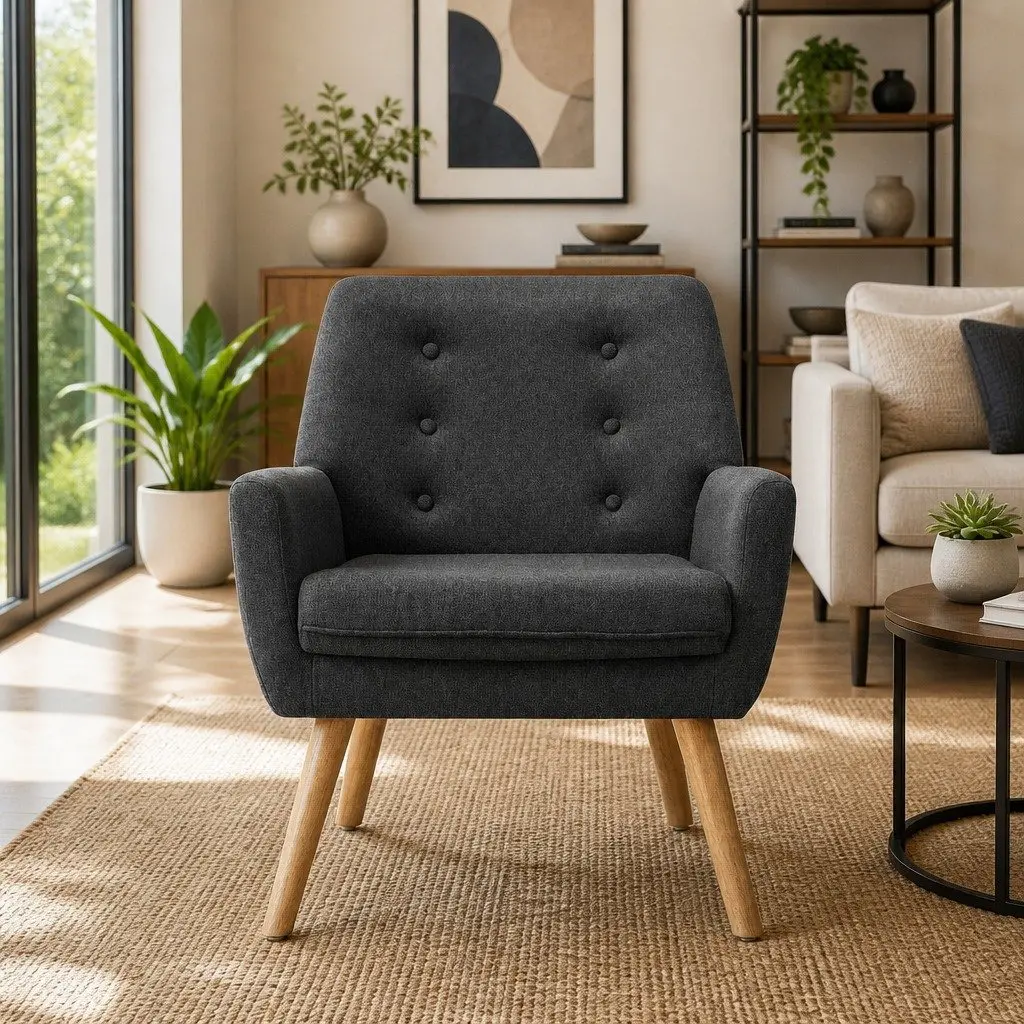 Armchair Linen Fabric Anne Charcoal Full Size Seating Tufted Button Design