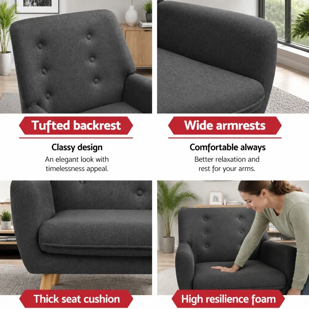 Armchair Linen Fabric Anne Charcoal Full Size Seating Tufted Button Design