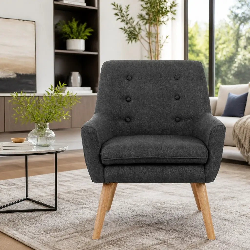 Armchair Linen Fabric Anne Charcoal Full Size Seating Tufted Button Design