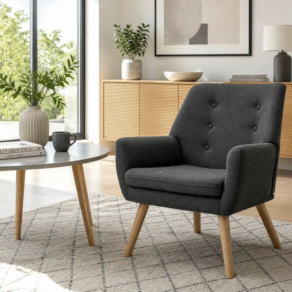 Armchair Linen Fabric Anne Charcoal Full Size Seating Tufted Button Design