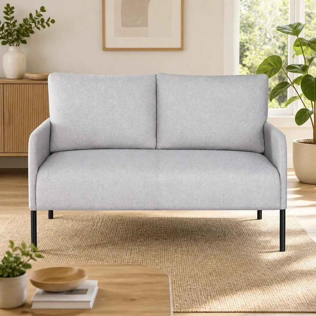 2 Seater Sofa Armchair Linen Grey Lounge Chair with Pillow Cushioned Seat