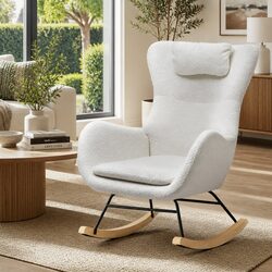 Rocking Chair Armchair White Boucle Teddy Fabric with Pillow and Side Pocket