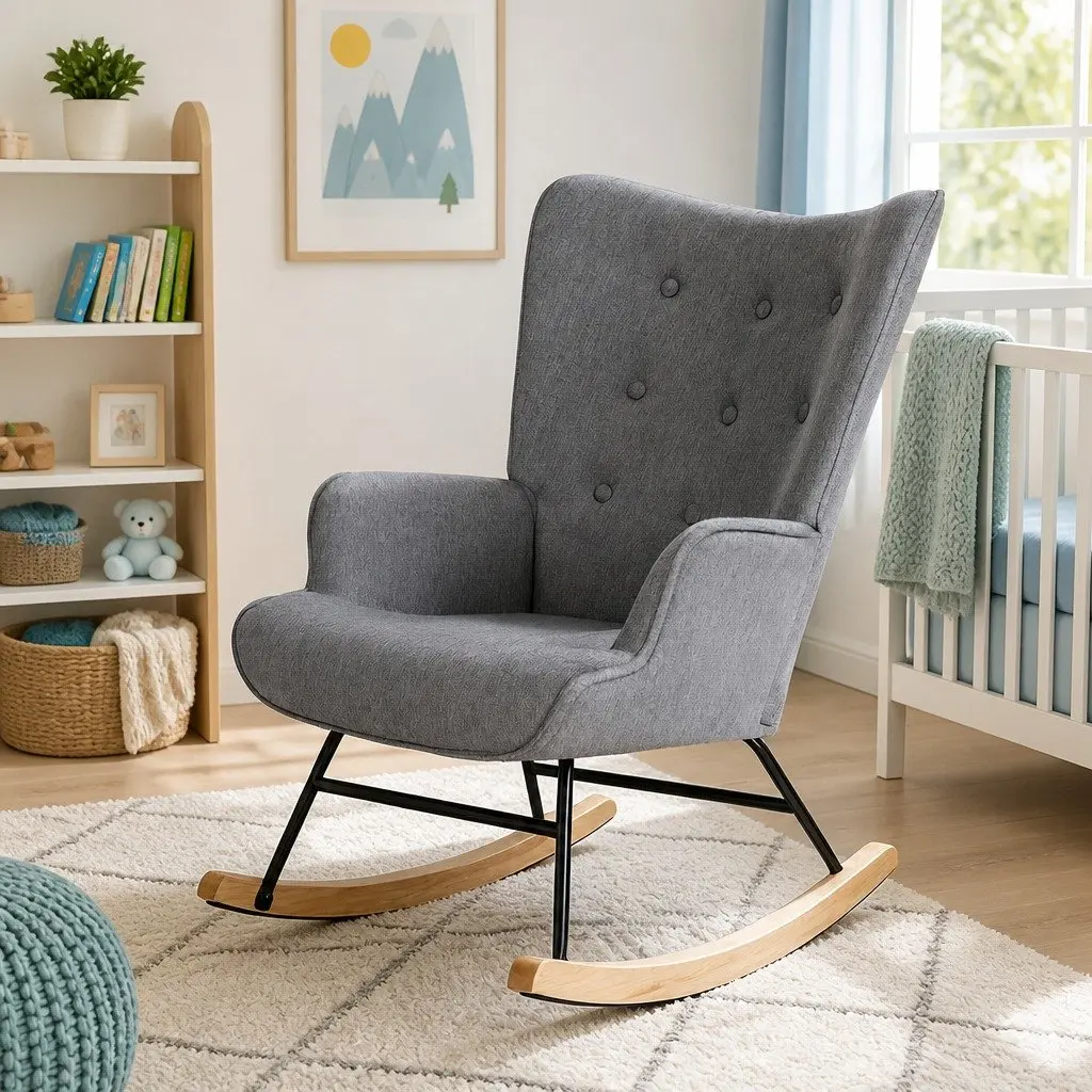 Armchair Linen Fabric Grey Rocking Nursing Chair with Metal Frame
