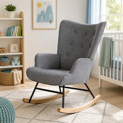 Rocking Armchair Nursing Chair Linen Fabric Grey Lounge Seat With Metal Frame