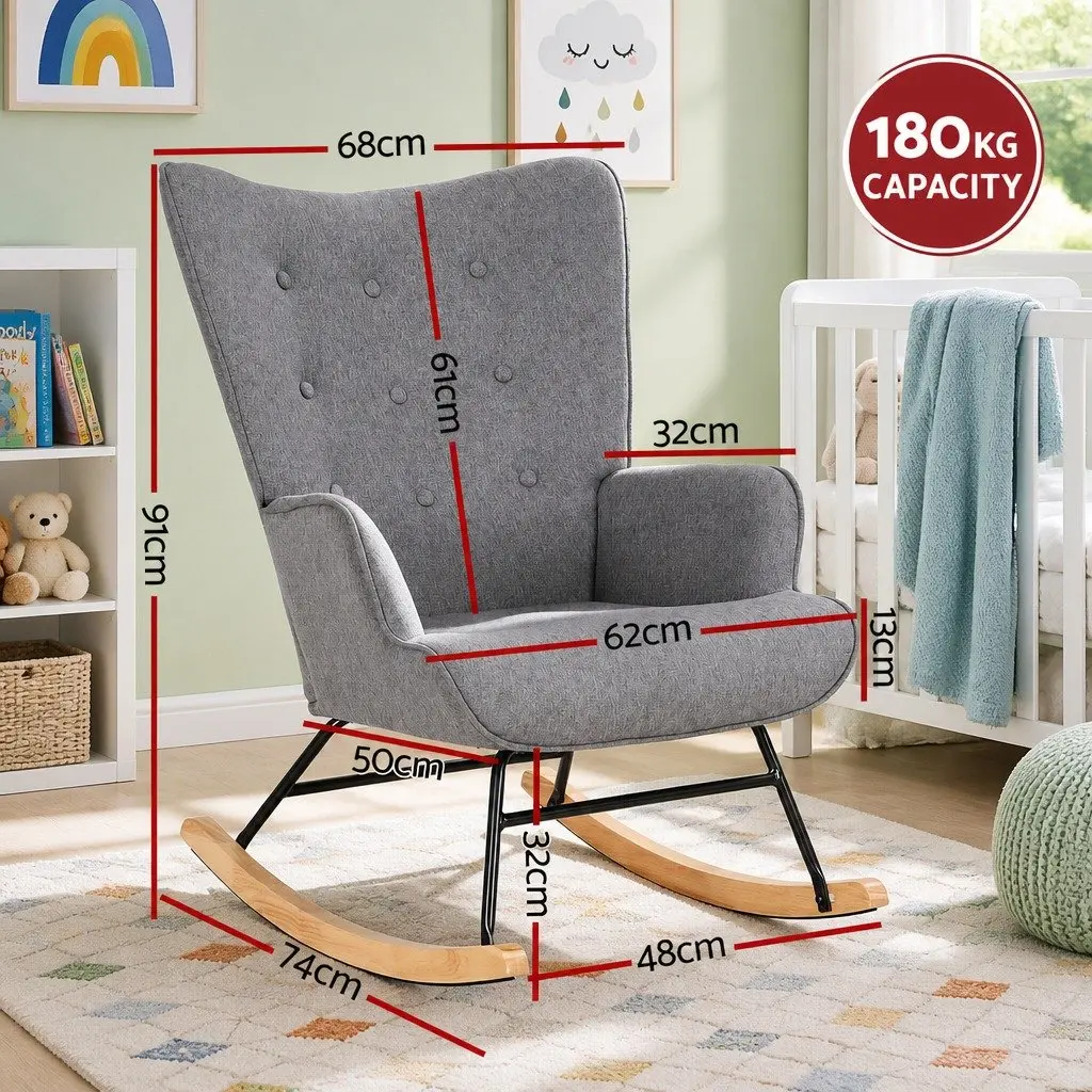 Armchair Linen Fabric Grey Rocking Nursing Chair with Metal Frame