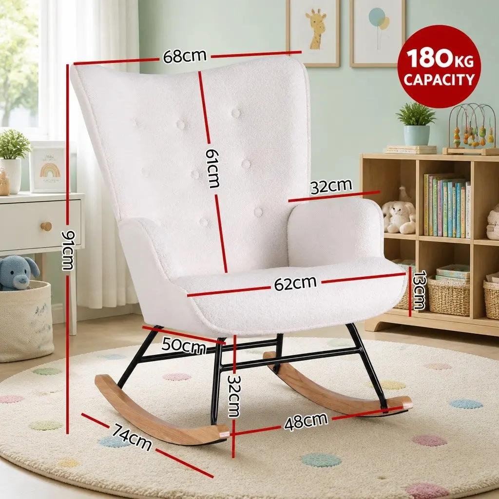 Rocking Armchair Nursing Chair Boucle Upholstery White Accent Seat