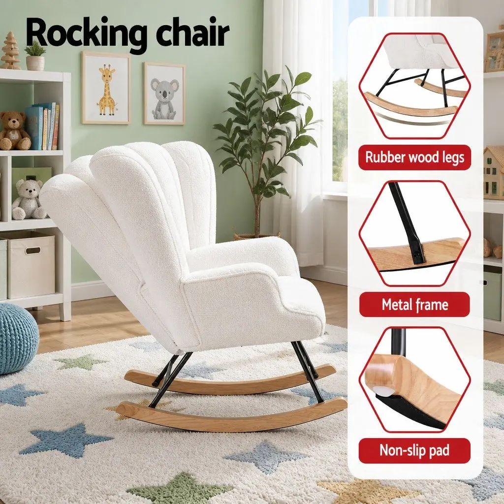 Rocking Armchair Nursing Chair Boucle Upholstery White Accent Seat