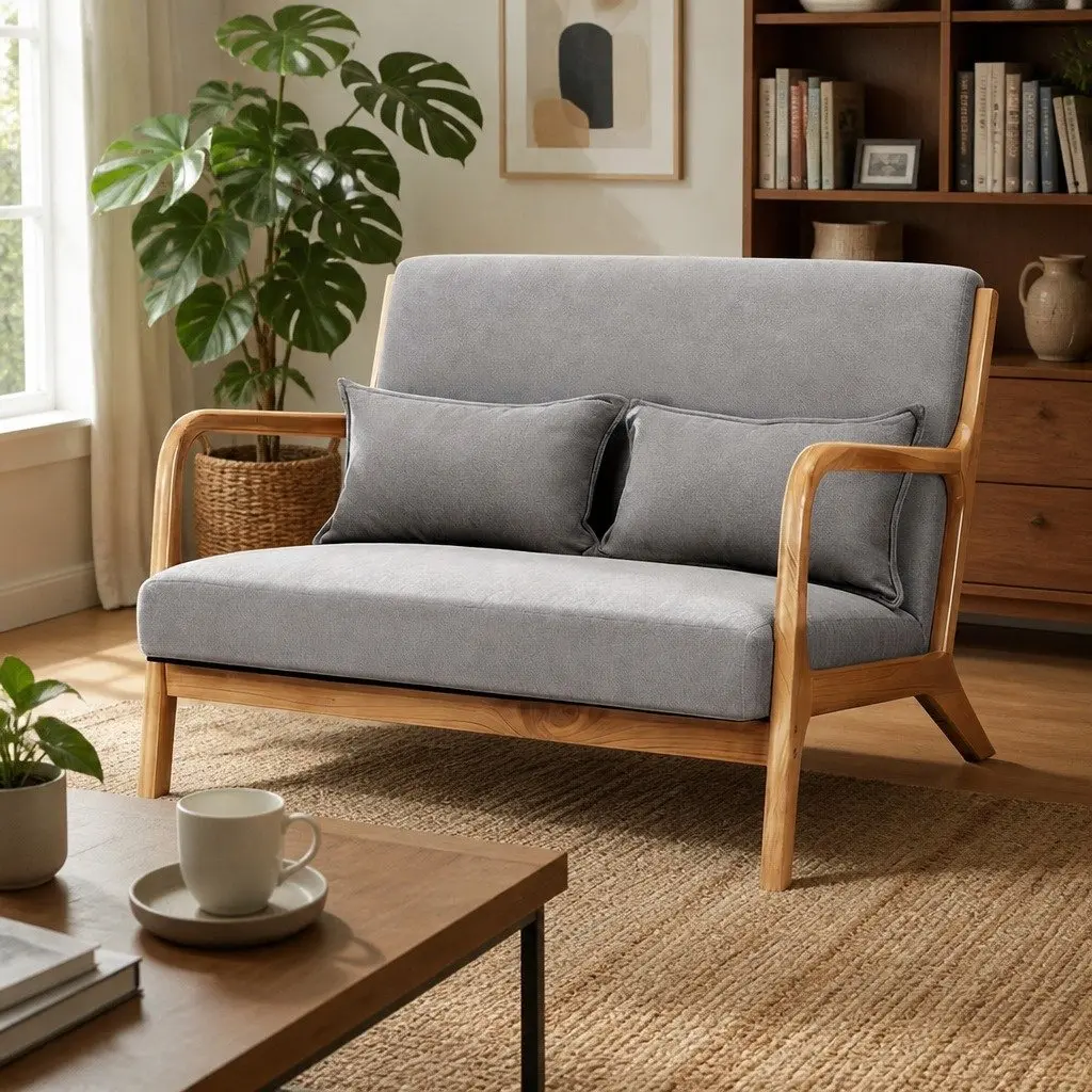 2-Seater Armchair Modern Sofa Rubber Wood Frame Light Grey Comfort