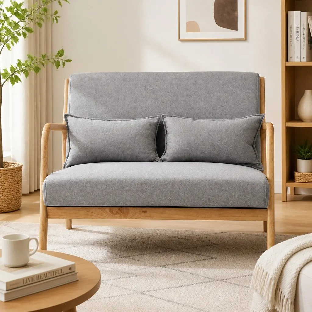 2-Seater Armchair Modern Sofa Rubber Wood Frame Light Grey Comfort