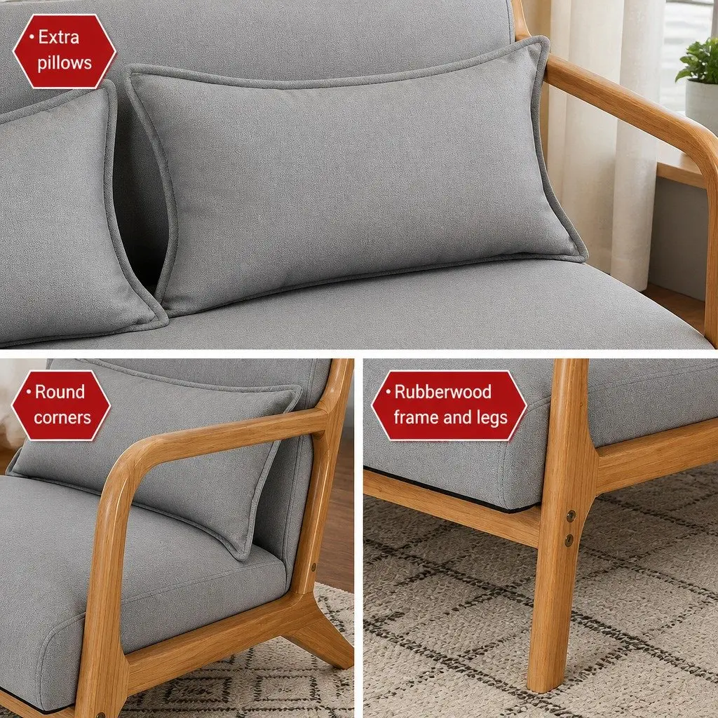 2-Seater Armchair Modern Sofa Rubber Wood Frame Light Grey Comfort