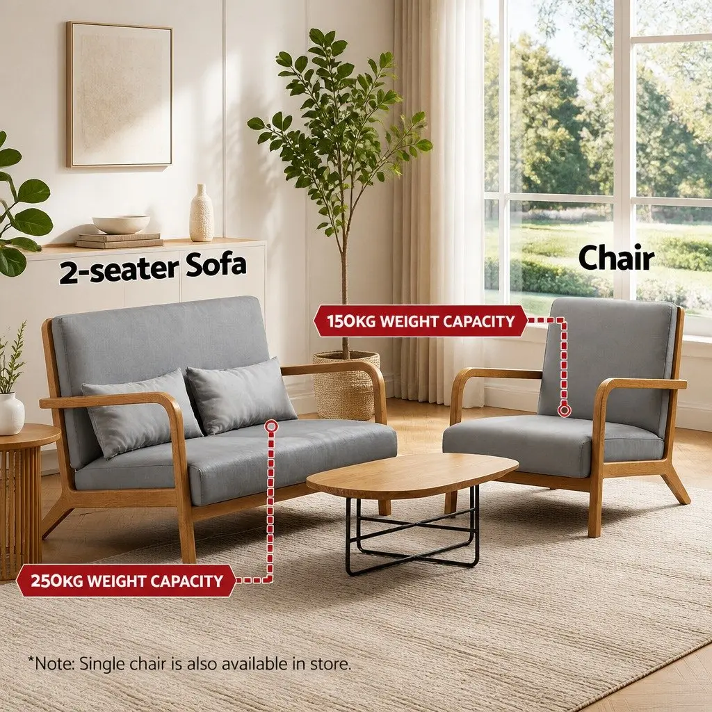 2-Seater Armchair Modern Sofa Rubber Wood Frame Light Grey Comfort