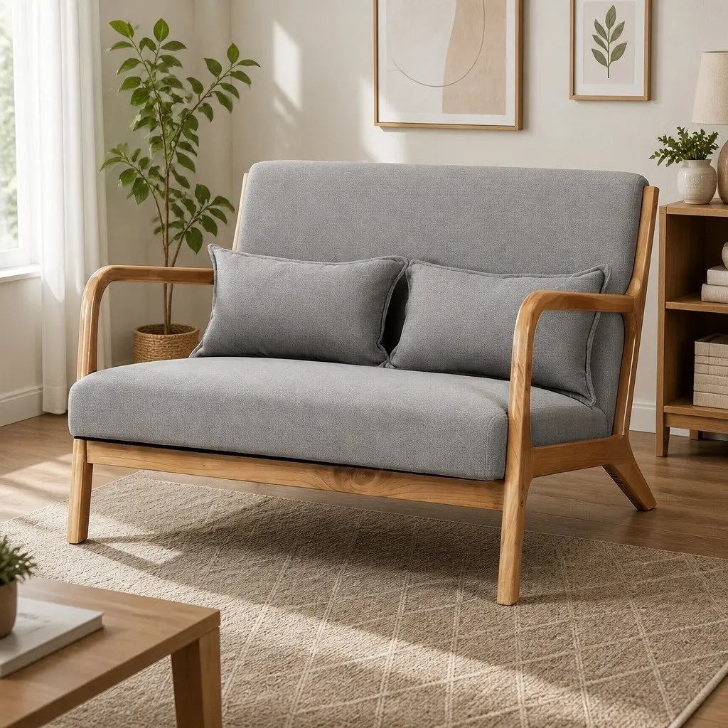 2-Seater Armchair Modern Sofa Rubber Wood Frame Light Grey Comfort