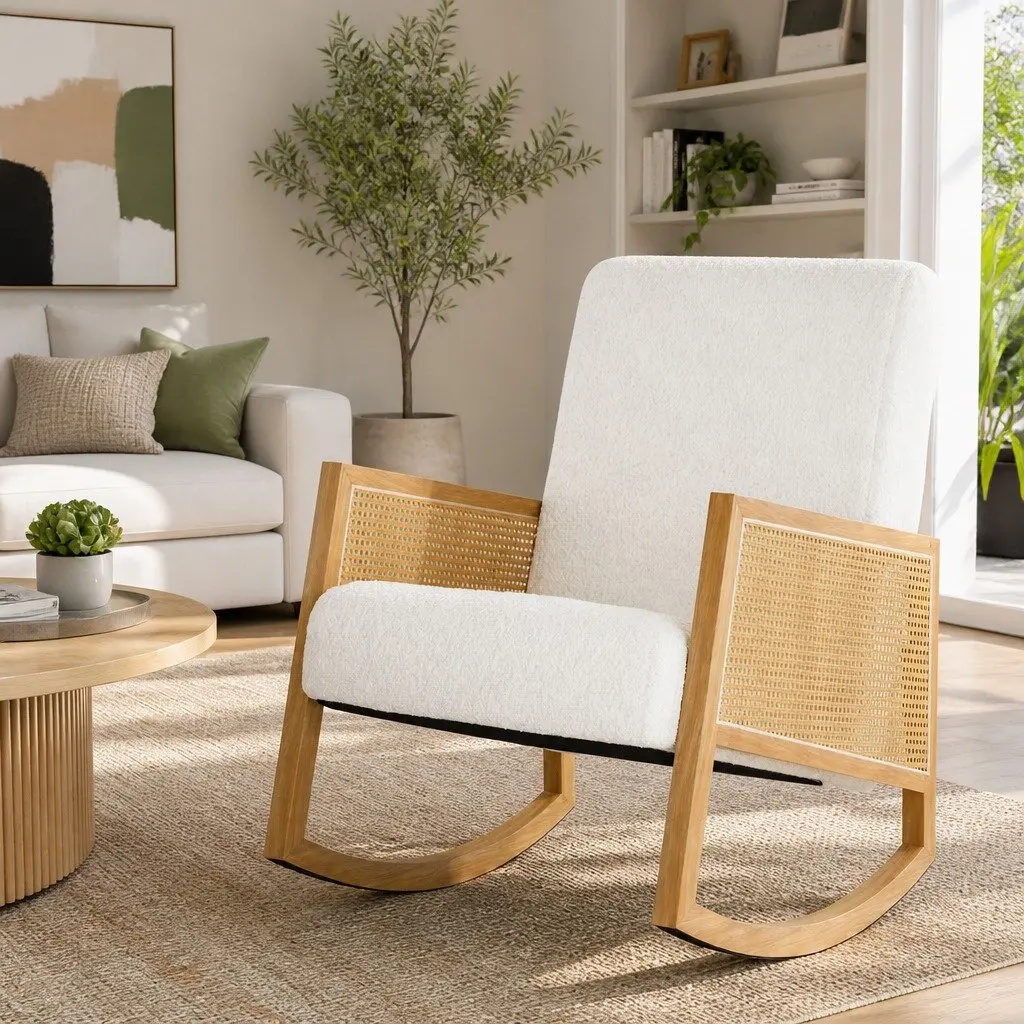 Rocking Chair Soft Upholstery Gentle Motion White Boucle Rattan