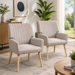 Armchair Faux Fabric Beige Lounge Chair Relaxation Seat with Wood Legs Set of 2