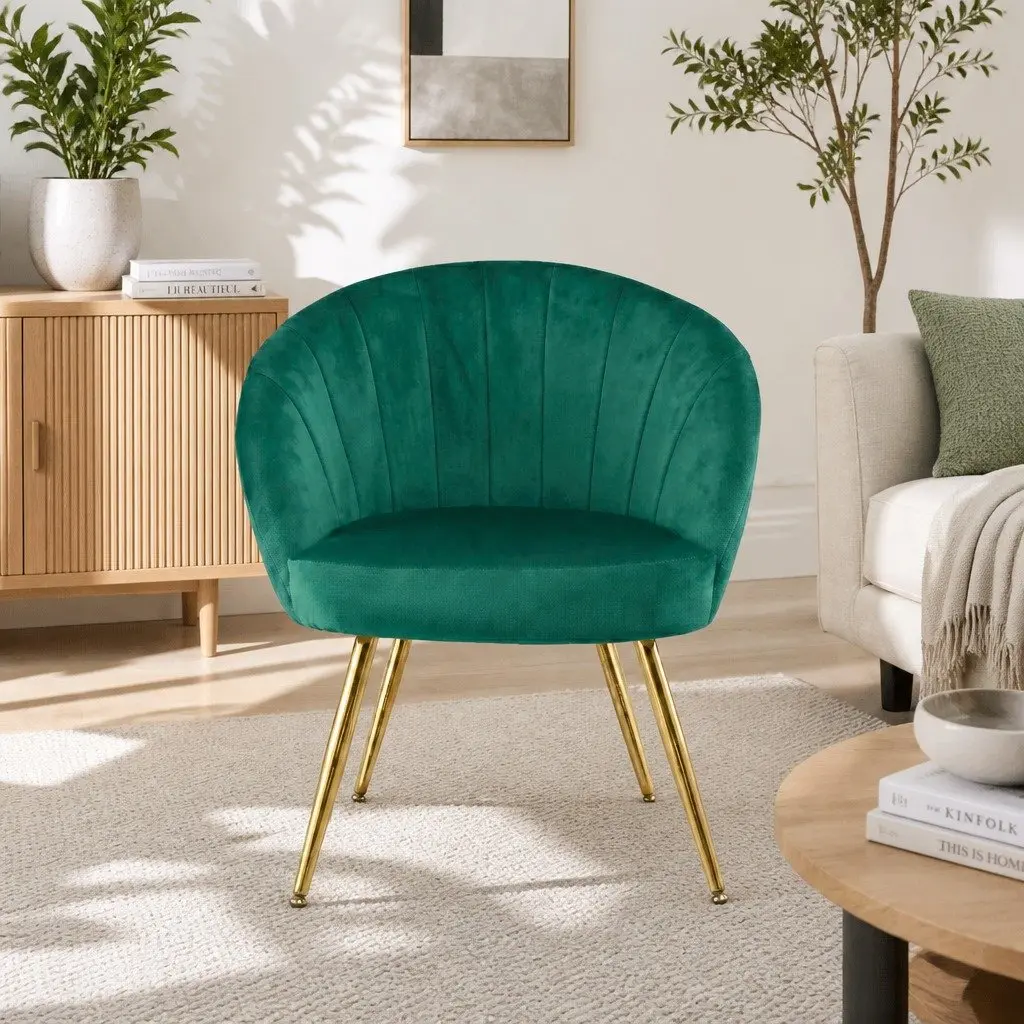 Green Velvet Armchair High Resilience Foam Padding Golden Legs