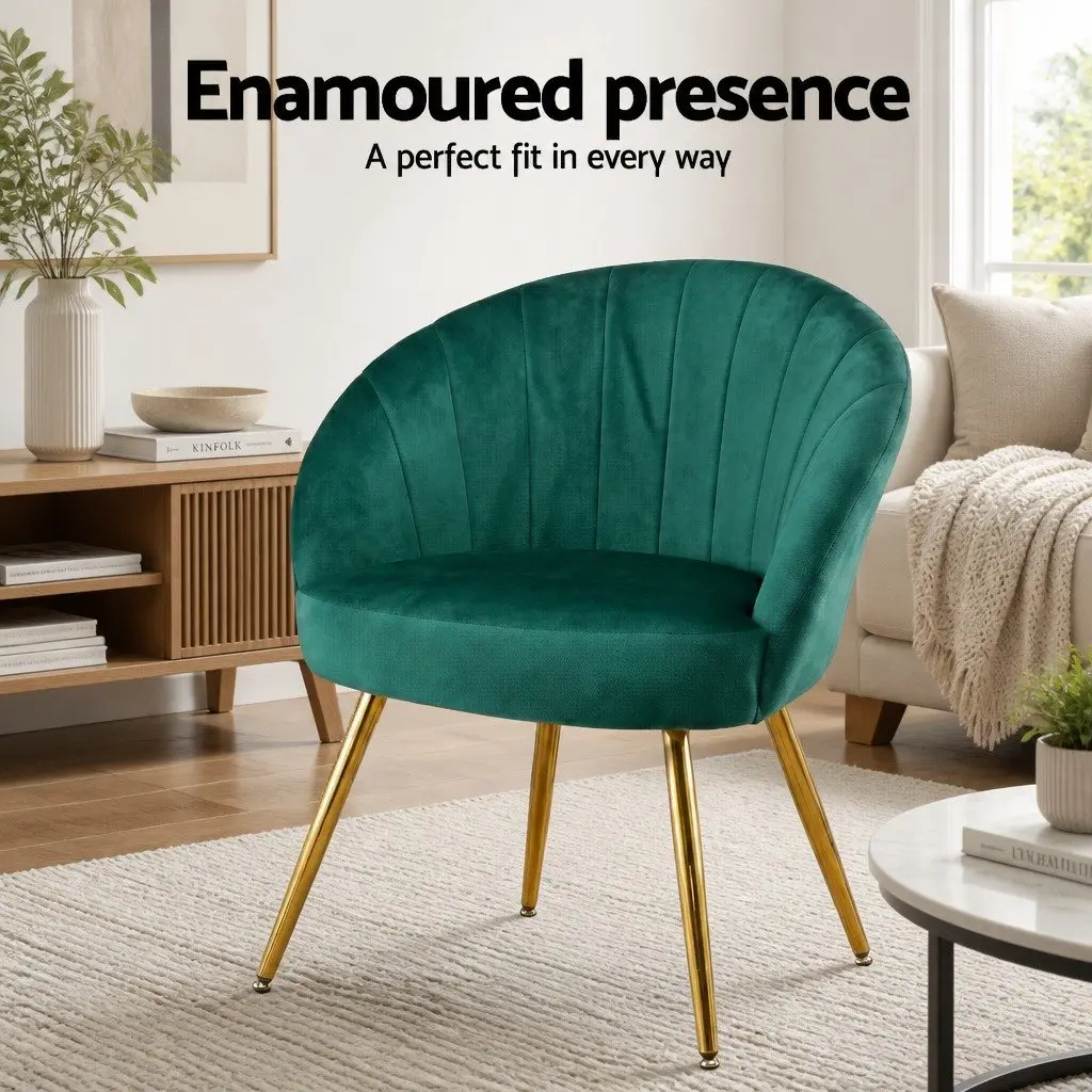 Green Velvet Armchair High Resilience Foam Padding Golden Legs