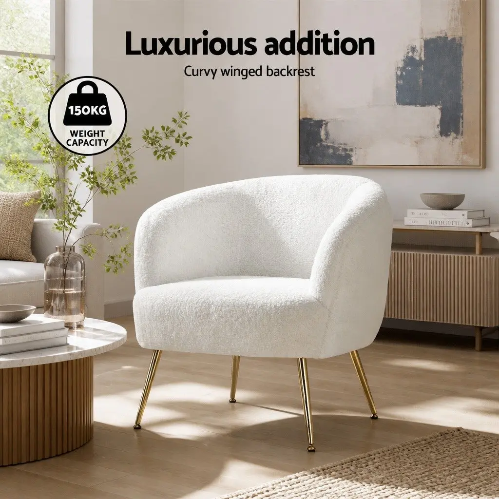 Armchair Sherpa Fabric Upholstered Winged Backrest White Relaxation Seat