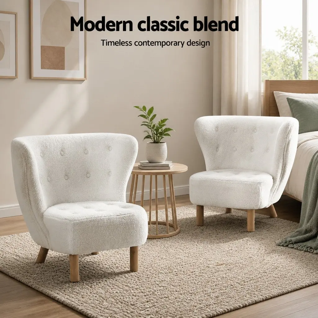 Armchair High-Back Curved Winged Backrest Soft Sherpa Fabric White