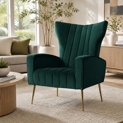 Armchair Green Velvet High Back Wide Seat Accent Chair with Metal Legs