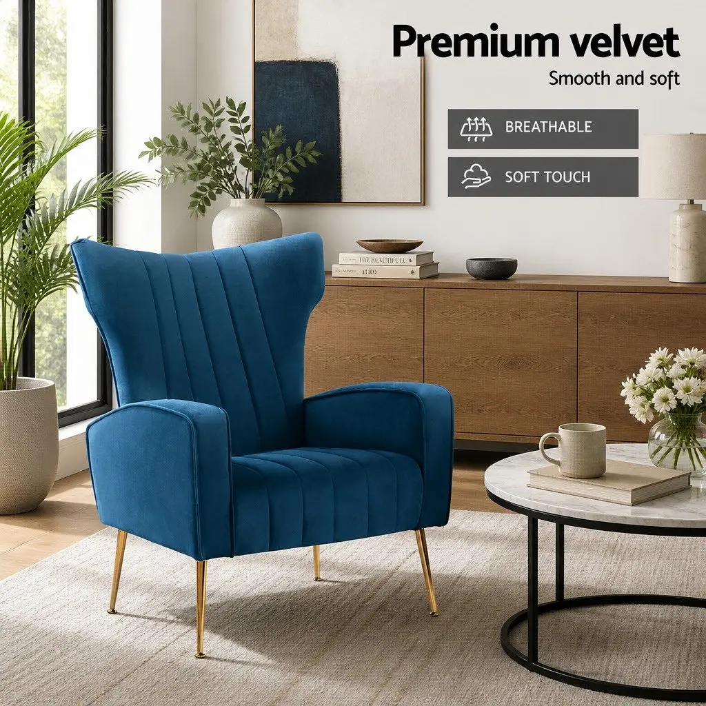 Armchair Velvet Upholstered High Back Extra Wide Navy with Wooden Frame and Golden Legs