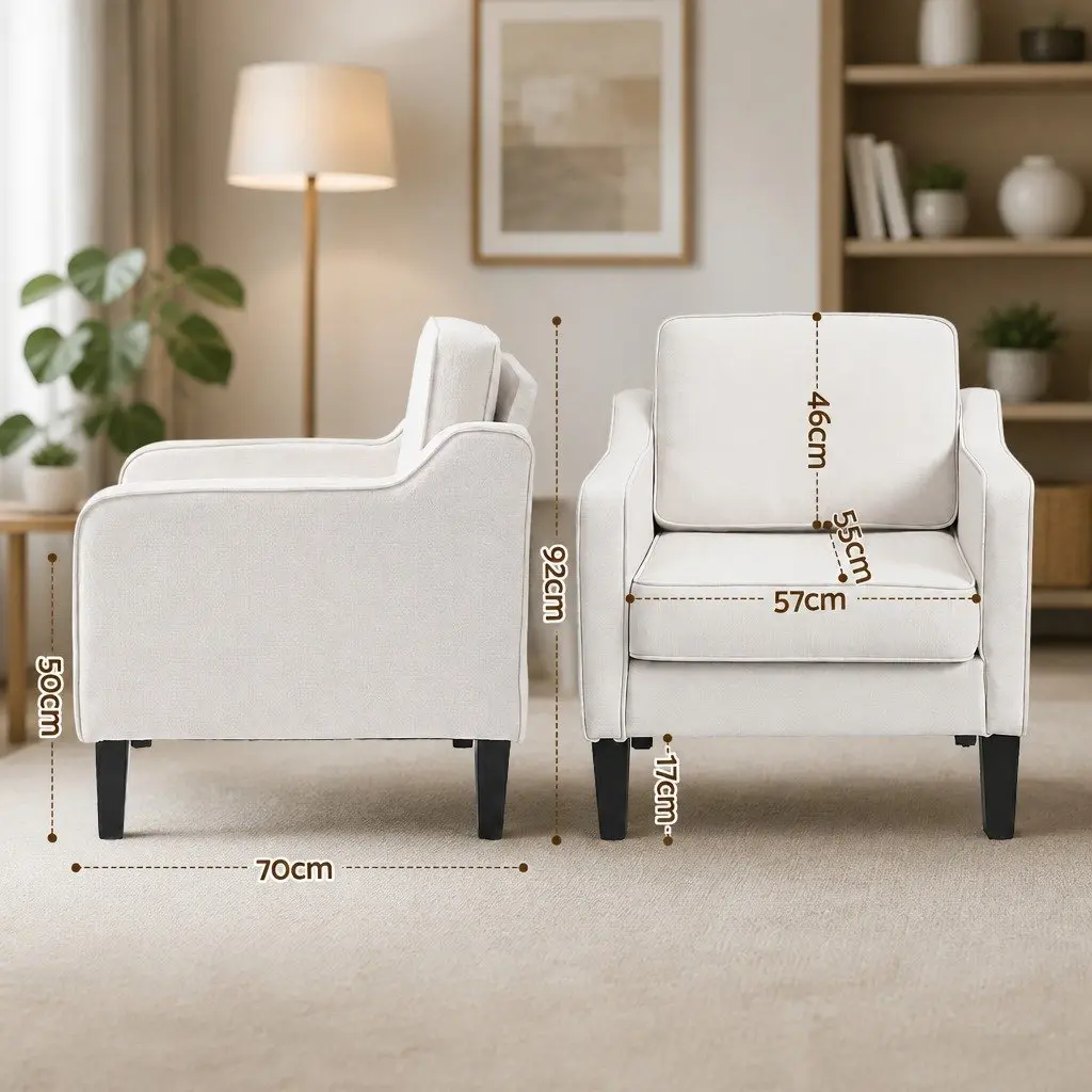 Armchair Accent Chair Linen Fabric Curved Armrest Thick Cushion White