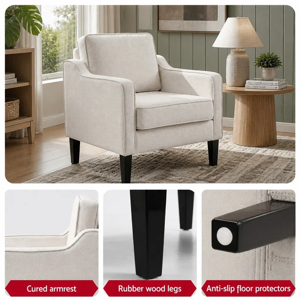 Armchair Accent Chair Linen Fabric Curved Armrest Thick Cushion White