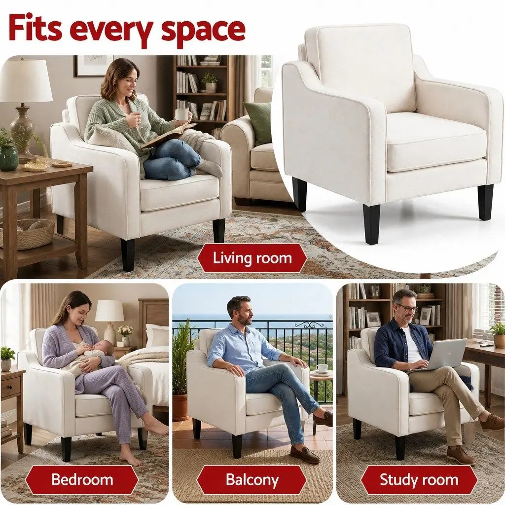 Armchair Accent Chair Linen Fabric Curved Armrest Thick Cushion White