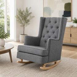 Grey Rocking Chair Armchair Convertible Linen Fabric Wingback Accent Nursing