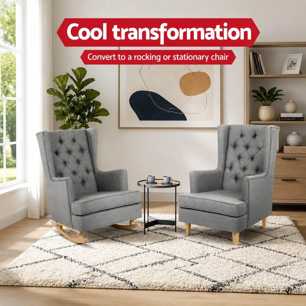 Armchair Convertible Rocking Chair Grey Faux Linen Fabric Wingback