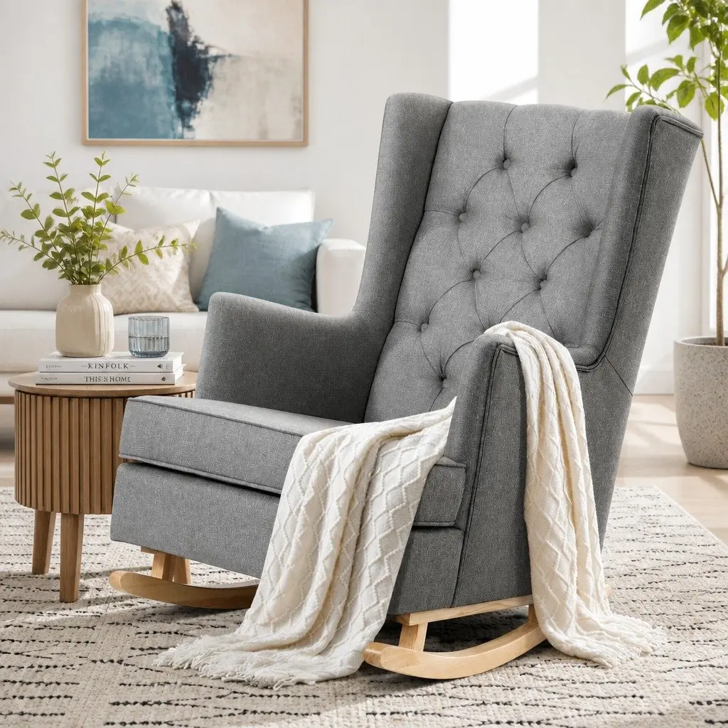Armchair Convertible Rocking Chair Grey Faux Linen Fabric Wingback