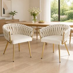 Dining Chairs Set of 2 Velvet Armchair Beige Lounge Seating with Steel Legs