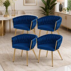 Dining Chairs Set of 4 Blue Velvet Armchair with Hand-Woven Backrest Kitchen