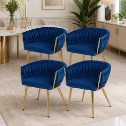 Dining Chairs Set of 4 Blue Velvet Armchair with Hand-Woven Backrest Kitchen