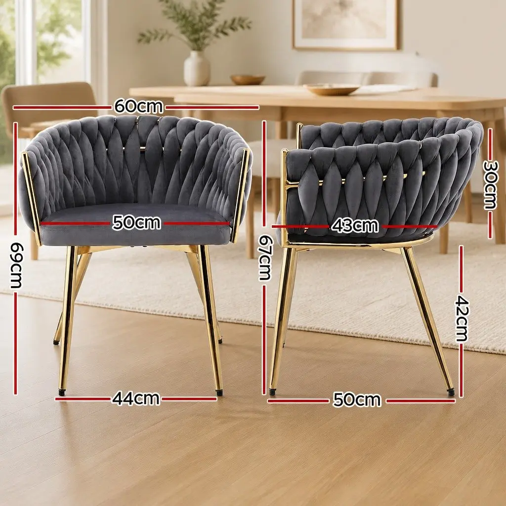 Dining Chair Velvet Upholstery Hand-Woven Backrest Cushioned Seat Armrests Grey