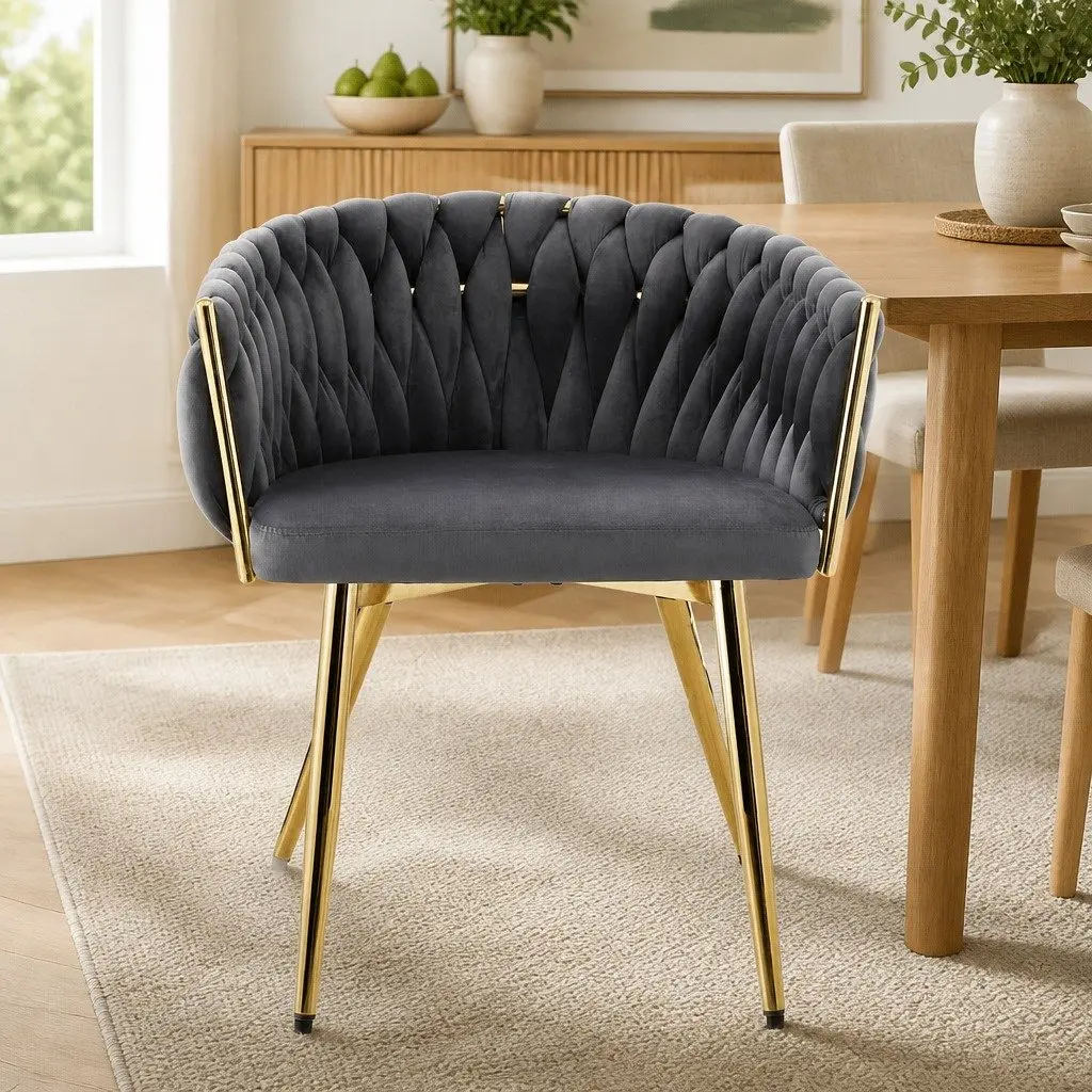 Dining Chair Velvet Upholstery Hand-Woven Backrest Cushioned Seat Armrests Grey