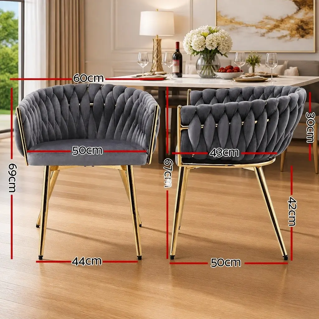 Dining Chairs Velvet Armchair Set of 2 Grey with Steel Legs