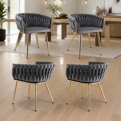 Dining Chairs Set of 4 Grey Velvet Armchair Kitchen Seat with Steel Legs