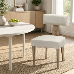 Dining Chairs Set of 2 Beige Linen Fabric Wooden Frame Padded Seat Kitchen